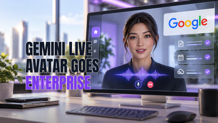 Editorial illustration of a Gemini Live Avatar agent screen with the Google logo and voice-agent controls.