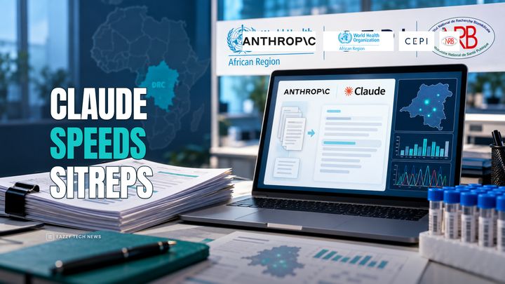 Editorial illustration of Claude-assisted public-health reporting with Anthropic, WHO AFRO, CEPI and INRB identity references.