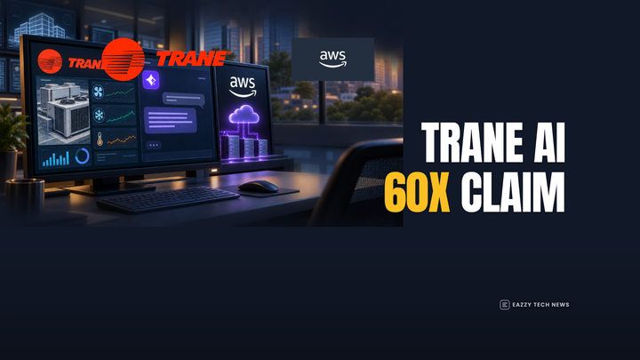Editorial illustration of Trane building diagnostics connected to AWS AgentCore and HVAC telemetry.