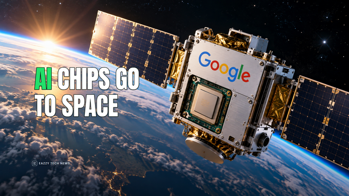 Editorial illustration of a Google TPU satellite experiment above Earth for Project Suncatcher.