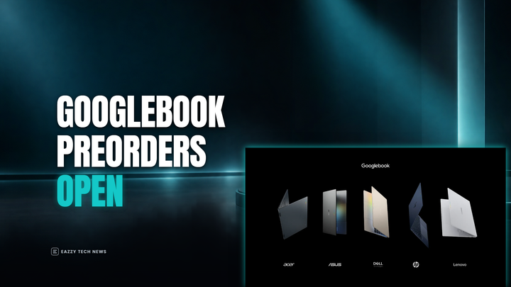 Official Googlebook lineup image with a bold Eazzy headline about Google's new premium AI laptops.