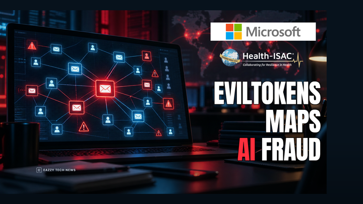 Illustration of linked email and contact icons on a laptop, with Microsoft and Health-ISAC logos and an EvilTokens fraud headline.