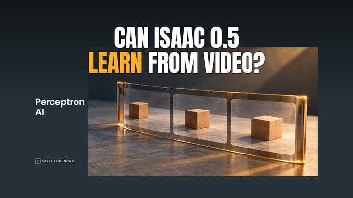 Illustration of three transparent amber-edged frames containing wooden blocks, beside the plain name Perceptron AI and the headline Can Isaac 0.5 learn from video?