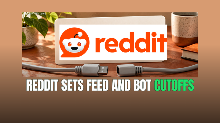 Editorial illustration of disconnected cable ends on a warm tabletop beneath the Reddit logo, with a headline about feed and bot cutoffs.