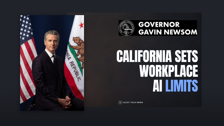 Gavin Newsom's official portrait beside the Governor seal and wordmark, with a headline about California workplace AI limits.
