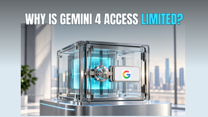 Editorial illustration of a secured model-access gateway with the Google logo and a question about limited Gemini 4 access.