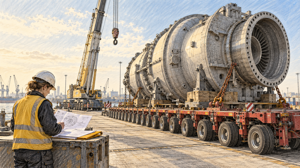Bleistiftzeichnung: Eine Disponentin prüft Unterlagen vor einer großen Turbine auf einem Schwerlasttransporter; dahinter steht ein Kran im Hafen.