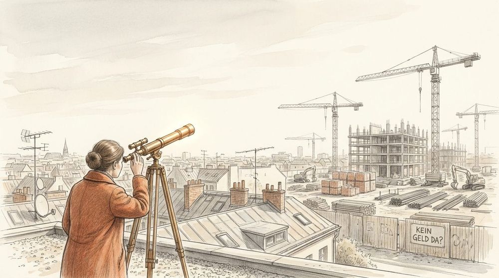 Bleistiftzeichnung: Eine Frau im terrakottafarbenen Mantel blickt vom Dach durch ein Fernrohr auf eine stillstehende Baustelle mit Kränen. Am Bauzaun steht: Kein Geld da?