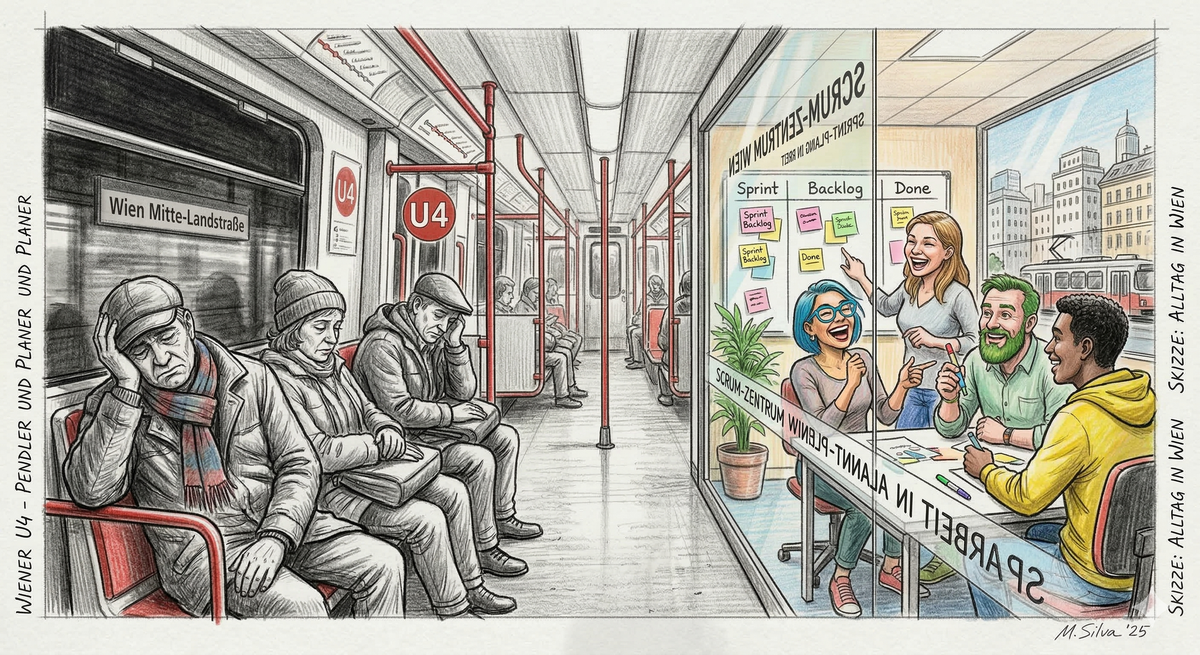 Ein U-Bahn von Innen links, Menschen fahren müde zur Arbeit - links: ein Scrum Team engagiert und fröhlich.