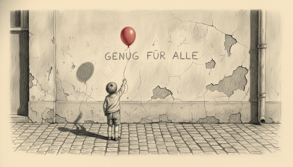 Bleistiftzeichnung: Kind greift nach einem entschwebenden roten Ballon an einer Mauer mit Kreidewort GENUG FÜR ALLE