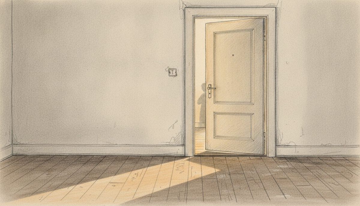 Geöffnete Wohnungstür in kahler Wand; warmes Tageslicht fällt als heller Streifen auf den Holzboden. Eine Schwelle.