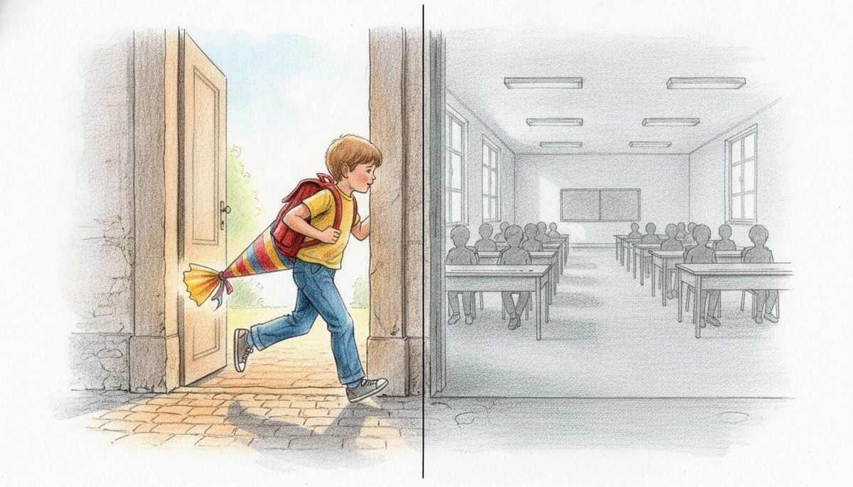 Kind mit Schultüte tritt durch eine Schultür; links Farbe und Licht, rechts graues Klassenzimmer mit Reihen grauer Kinder.