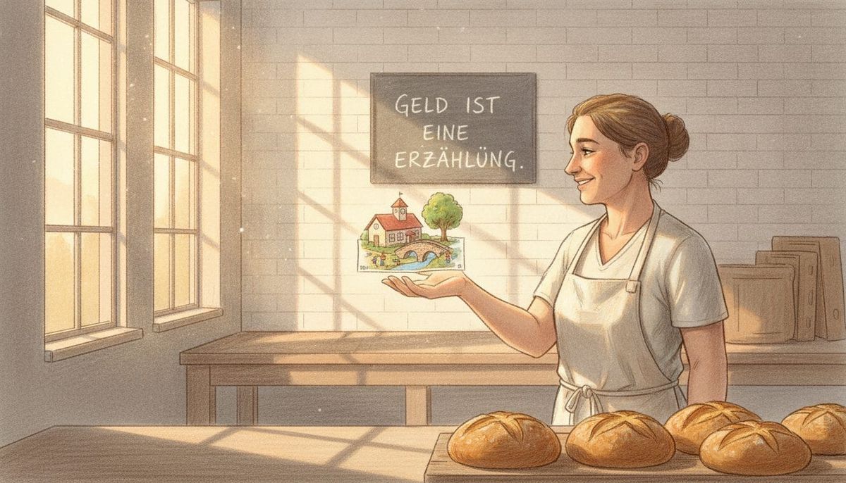In einer hellen Backstube hält eine Bäckerin einen Geldschein, der sich in eine Szene mit Schule, Brücke und Baum verwandelt. Wandtafel: ‚Geld ist eine Erzählung'.