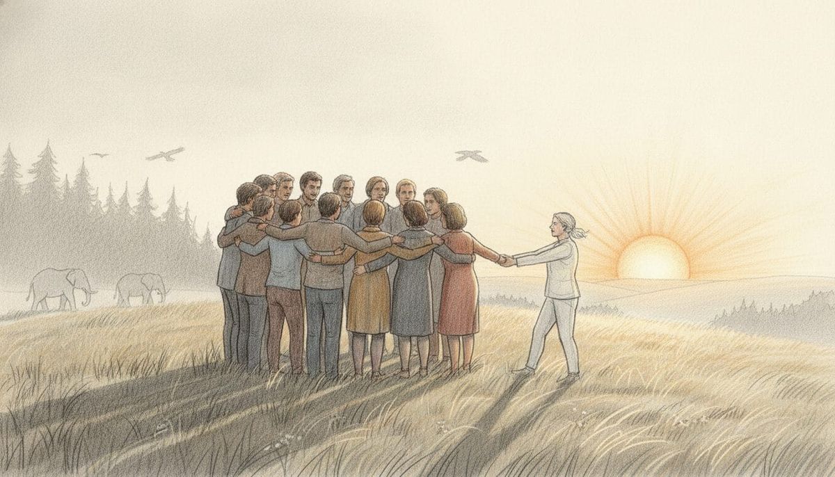 Menschen verschiedener Generationen stehen bei Sonnenaufgang eng zusammengedrängt auf einem Hügel; einer wird in die warme Mitte gezogen. Im Hintergrund Wald, Elefanten und Raben.