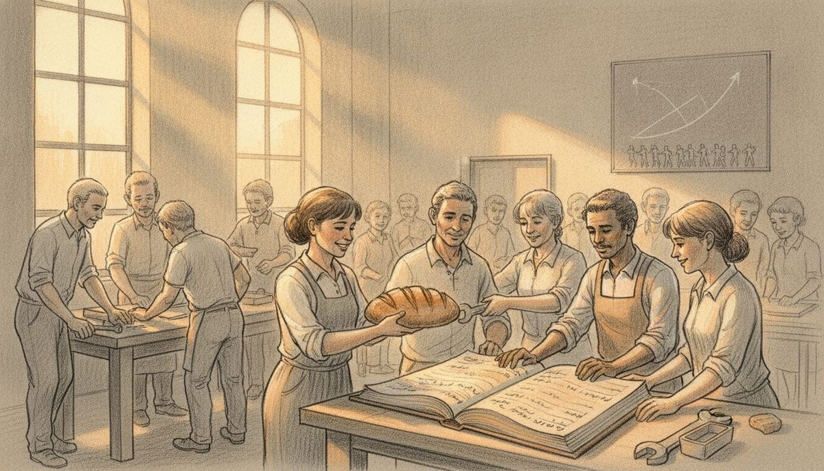 In einer hellen Genossenschaftswerkstatt teilen Menschen verschiedener Herkunft Brot und ein offenes gemeinsames Hauptbuch. An der Wand eine Kreideskizze auseinanderlaufender Linien.