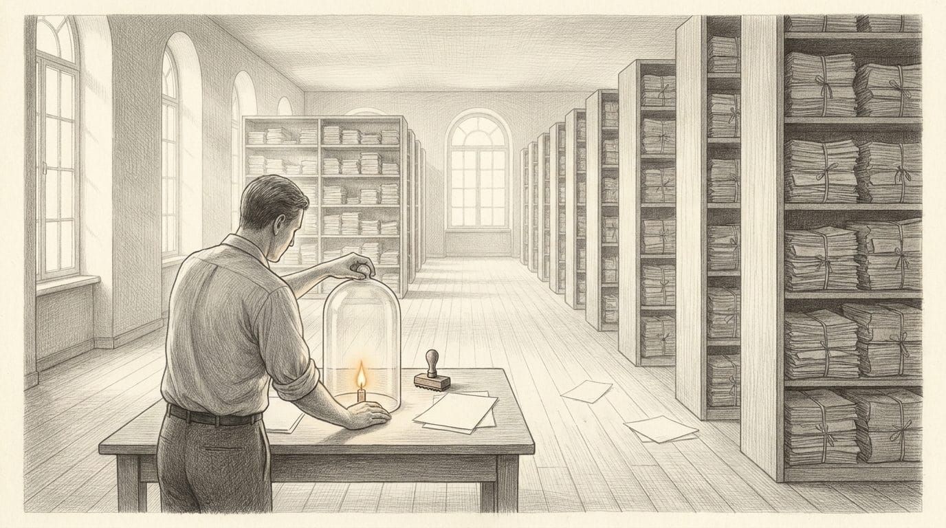 Bleistiftzeichnung: Ein Mann im Hemd senkt in heller Archivhalle eine Glasglocke über eine kleine amberfarbene Flamme auf seinem Schreibtisch, dahinter Regale voller Formulare.