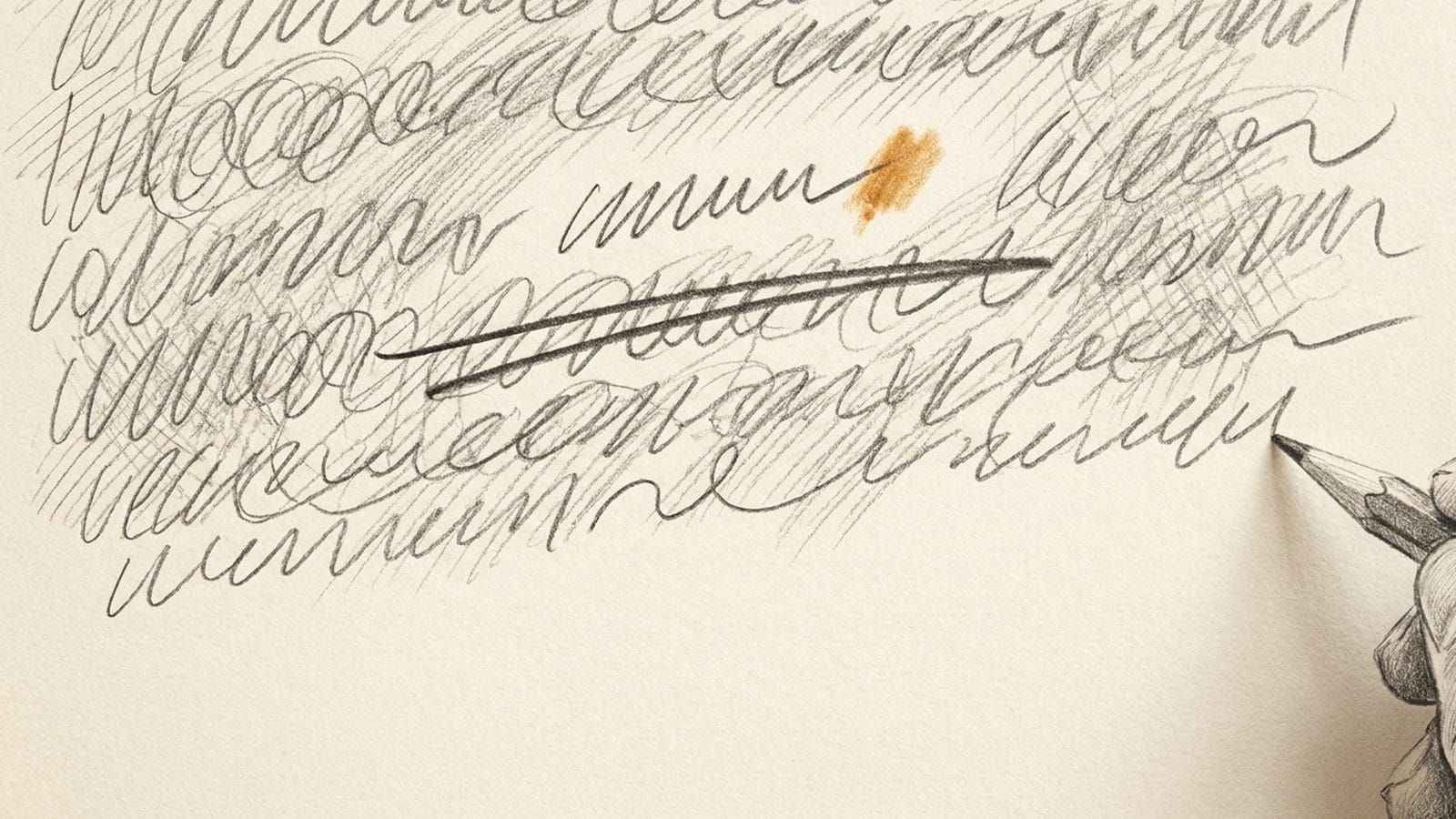 Bleistiftzeichnung: Ein Blatt voller Schleifen und Schraffuren, ein Strich streicht eine Zeile durch, daneben ein kleiner bernsteinfarbener Akzent, am Rand eine Hand mit Bleistift.