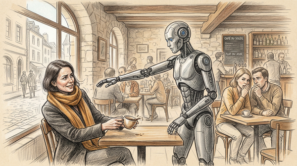 Ein Café, ein Roboter belästigt eine Dame, die gerade ihren Kaffee trinkt. Bleistiftzeichnung.