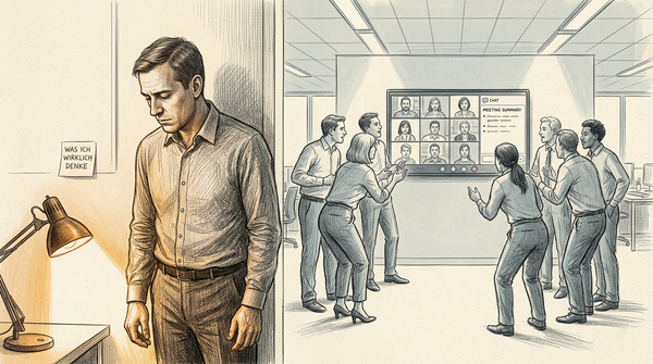 Ein Mann steht mit gesenktem traurigen Blick in der Ecke, während ein Team im Hintergrund vor dem Bildschirm ein Daily durchführt.