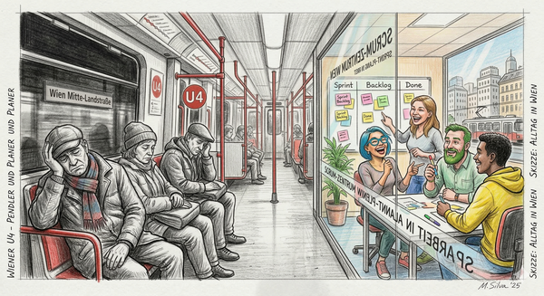 Ein U-Bahn von Innen links, Menschen fahren müde zur Arbeit - links: ein Scrum Team engagiert und fröhlich.