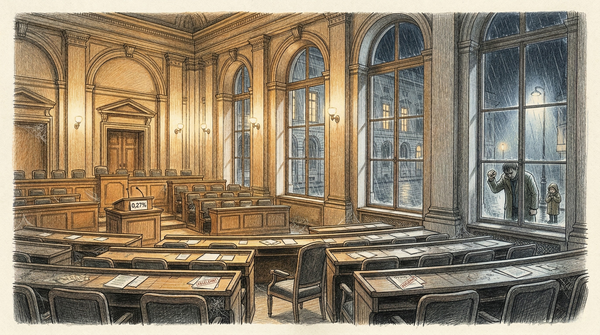 Bleistiftzeichung. Plenarsaal. Warm. Draussen arme Leute im kalten Grau.