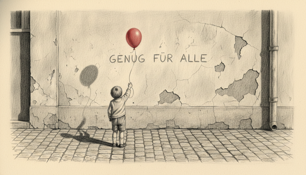 Bleistiftzeichnung: Kind greift nach einem entschwebenden roten Ballon an einer Mauer mit Kreidewort GENUG FÜR ALLE