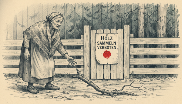 Bleistiftzeichnung: alte Frau greift nach Fallholz vor einem Zaun mit Schild HOLZ SAMMELN VERBOTEN und rotem Siegel