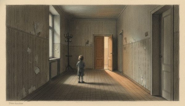Bleistift-Illustration: ein kleines Kind steht allein in einem dämmrigen Raum, das einzige warme Licht kommt aus einer angelehnten Tür.