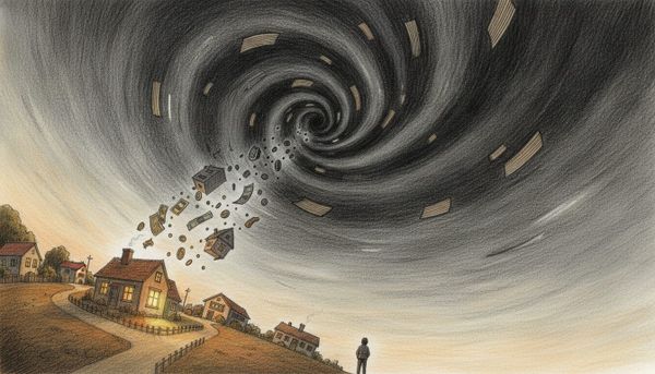 Bleistift-Illustration: Ein dunkler Strudel saugt Häuser, Geld und ein Schulhaus aus einem warmen Dorf nach oben; unten blick