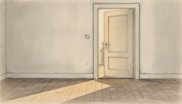 Geöffnete Wohnungstür in kahler Wand; warmes Tageslicht fällt als heller Streifen auf den Holzboden. Eine Schwelle.