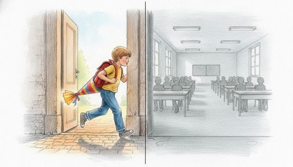 Kind mit Schultüte tritt durch eine Schultür; links Farbe und Licht, rechts graues Klassenzimmer mit Reihen grauer Kinder.