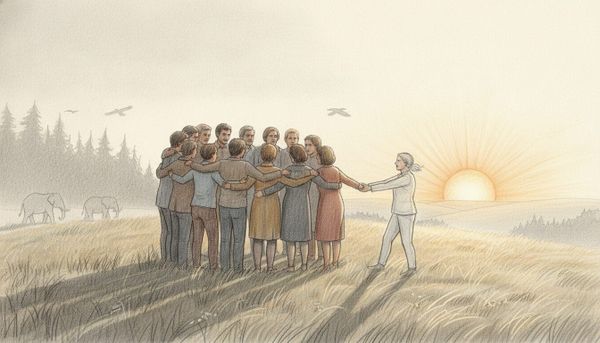 Menschen verschiedener Generationen stehen bei Sonnenaufgang eng zusammengedrängt auf einem Hügel; einer wird in die warme Mitte gezogen. Im Hintergrund Wald, Elefanten und Raben.