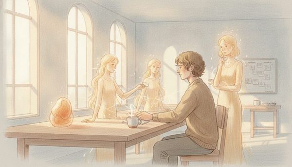 In einem hellen Studio arbeitet ein Entwickler mit mehreren leuchtenden, transparenten Figuren — digitalen Kollegen, die wie herangezogen wirken. Im Hintergrund ein Kanban-Board.