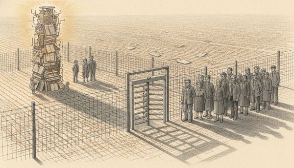 Bleistiftzeichnung: Ein Zaun um ein Feld aus Buchseiten, drinnen ein leuchtender Wissensturm und wenige Figuren, draußen eine Menschenmenge am Drehkreuz.