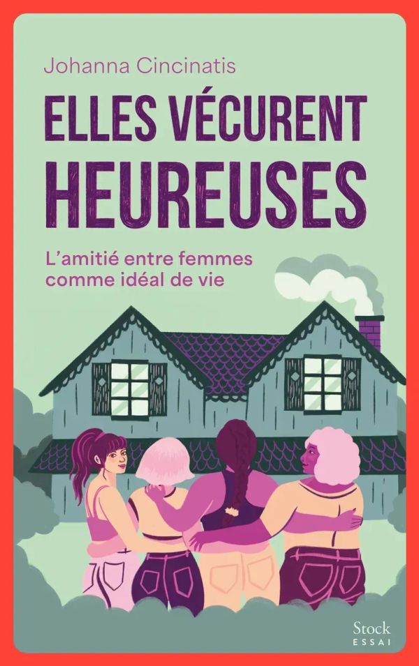 Le livre titré Elles vécurent heureuses, posé sur ma jambe gauche, j'ai un jean bleu. La couverture et bleu-verte, avec quatre femmes dessinées devant une maison.