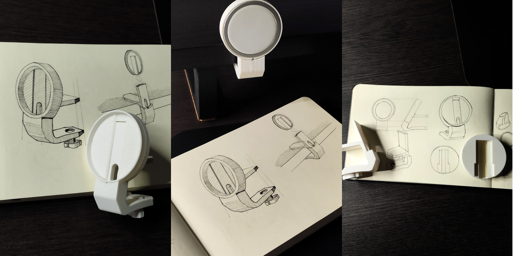 Photos of sketchbook with ink drawings of a MagSafe holder concept, and some 3D printed prototypes in white color
