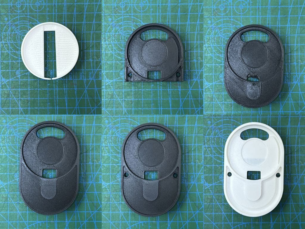A 2 by 3 grid of photos, showing a progression of the prototypes for the main body of the MagSafe holder design. Top down shots against a green cutting mat 