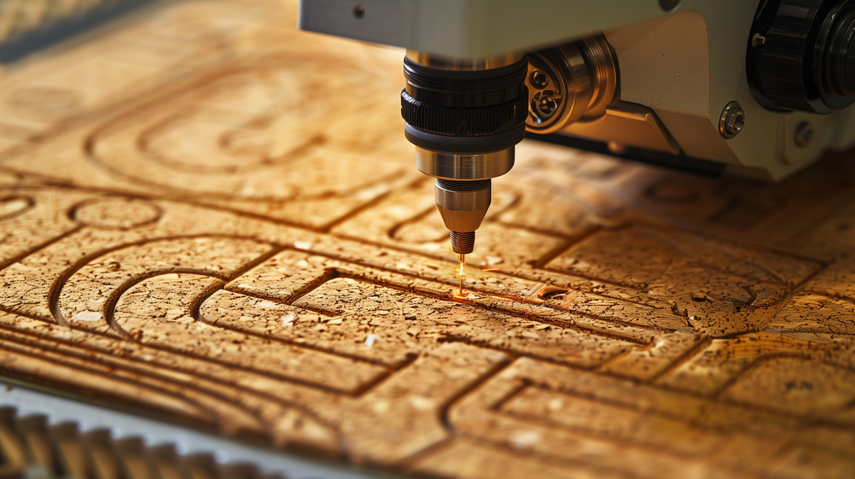 digital drawing of a laser cutting machine, drawing a batch of rounded rectangles on a thin cork sheet