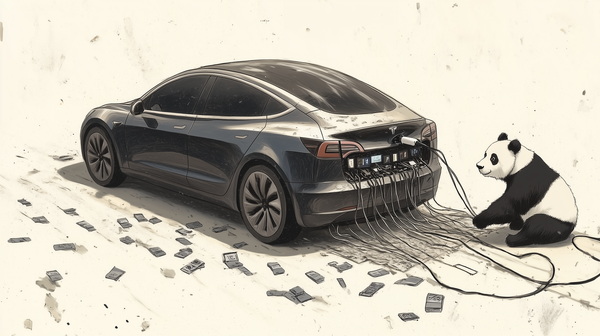 Illustration of a Tesla model X, connected to a bunch of cables, and a panda bear handling the connections.