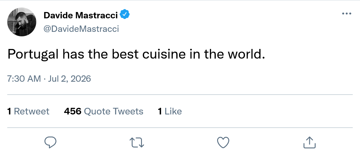 A fake tweet from Davide Mastracci stating: "Portugal has the best cuisine in the world."