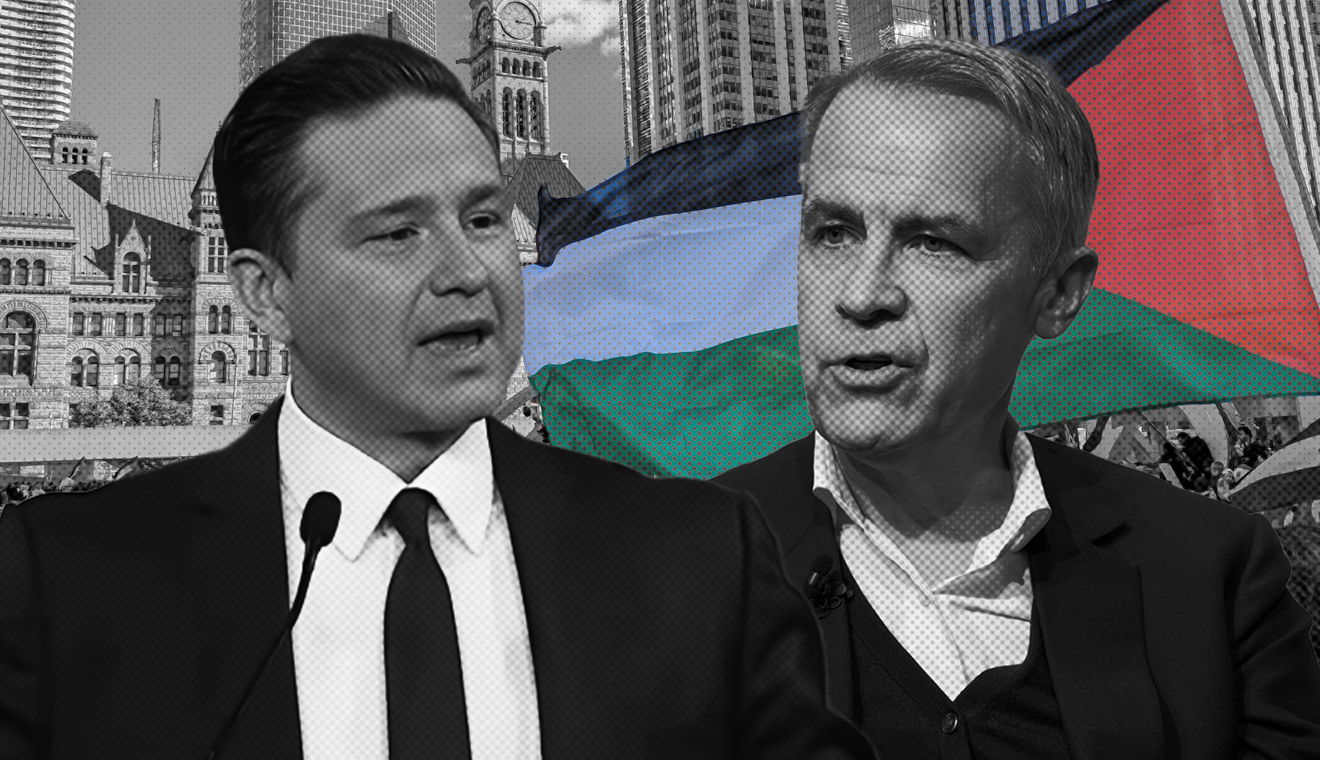 Pierre Poilievre and Mark Carney imposed onto a photo of a pro-Palestine rally in Toronto