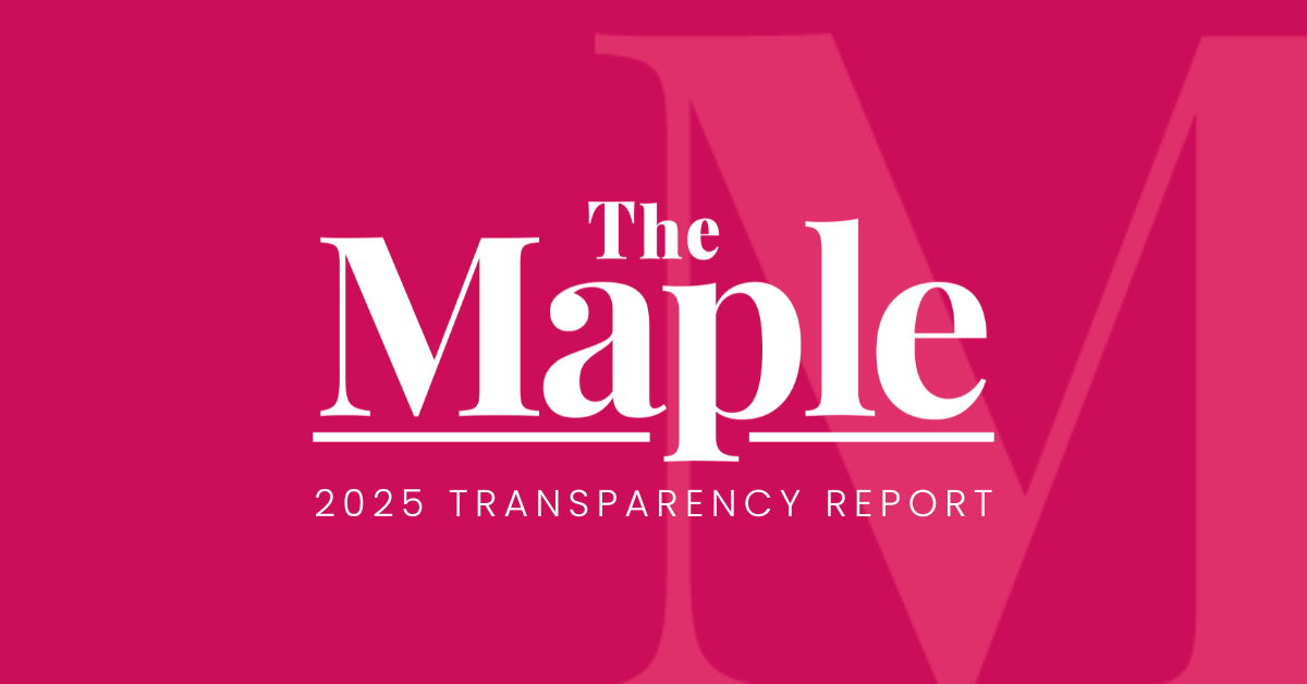 A photo with a pink background and the text: "The Maple 2025 Transparency Report"