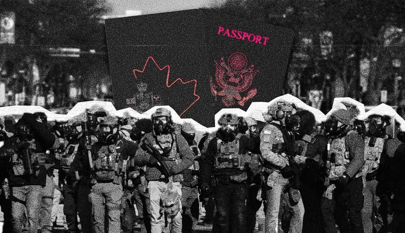 Image of ICE officers with Canadian and American passport covers in the background.
