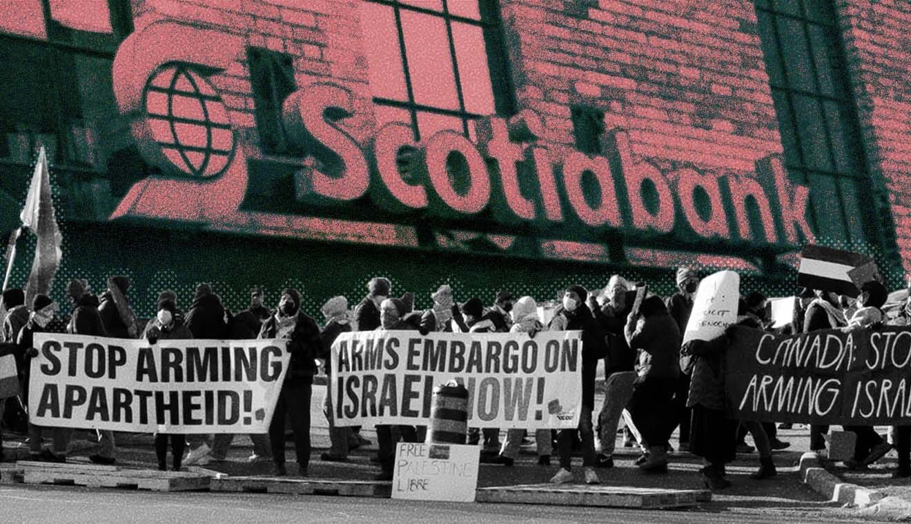 Protesters calling for an arms embargo on Israel in front of Scotiabank logo.
