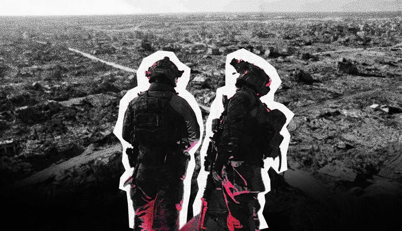 Graphic depicting soldiers looking at rubble of Gaza.