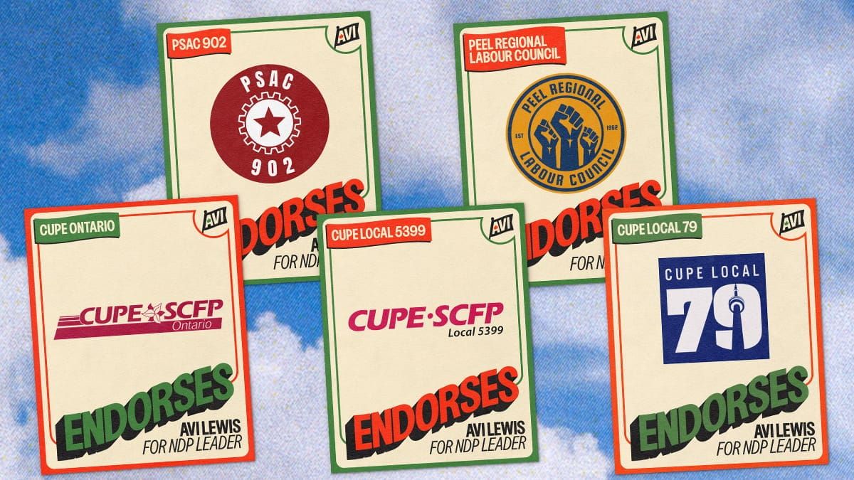 Cards showing various unions that endorsed Avi Lewis