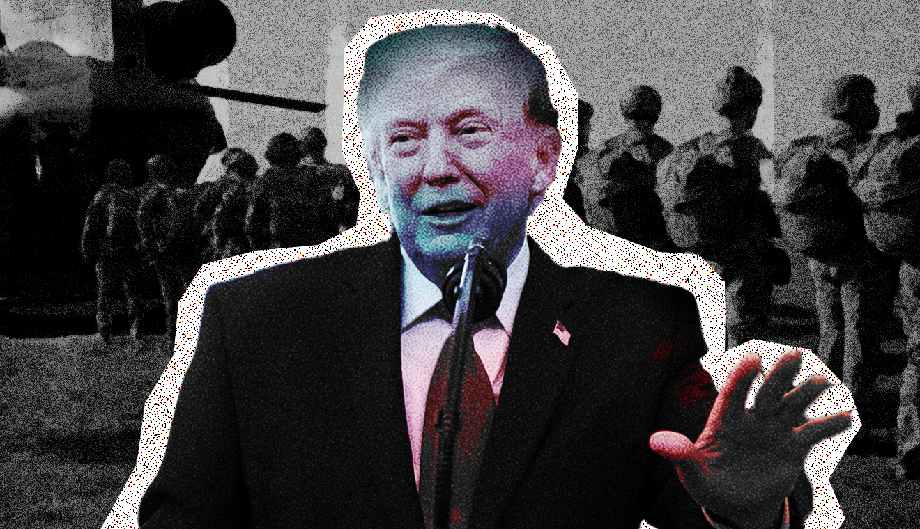 Graphic showing US President Donald Trump and a line of soldiers.