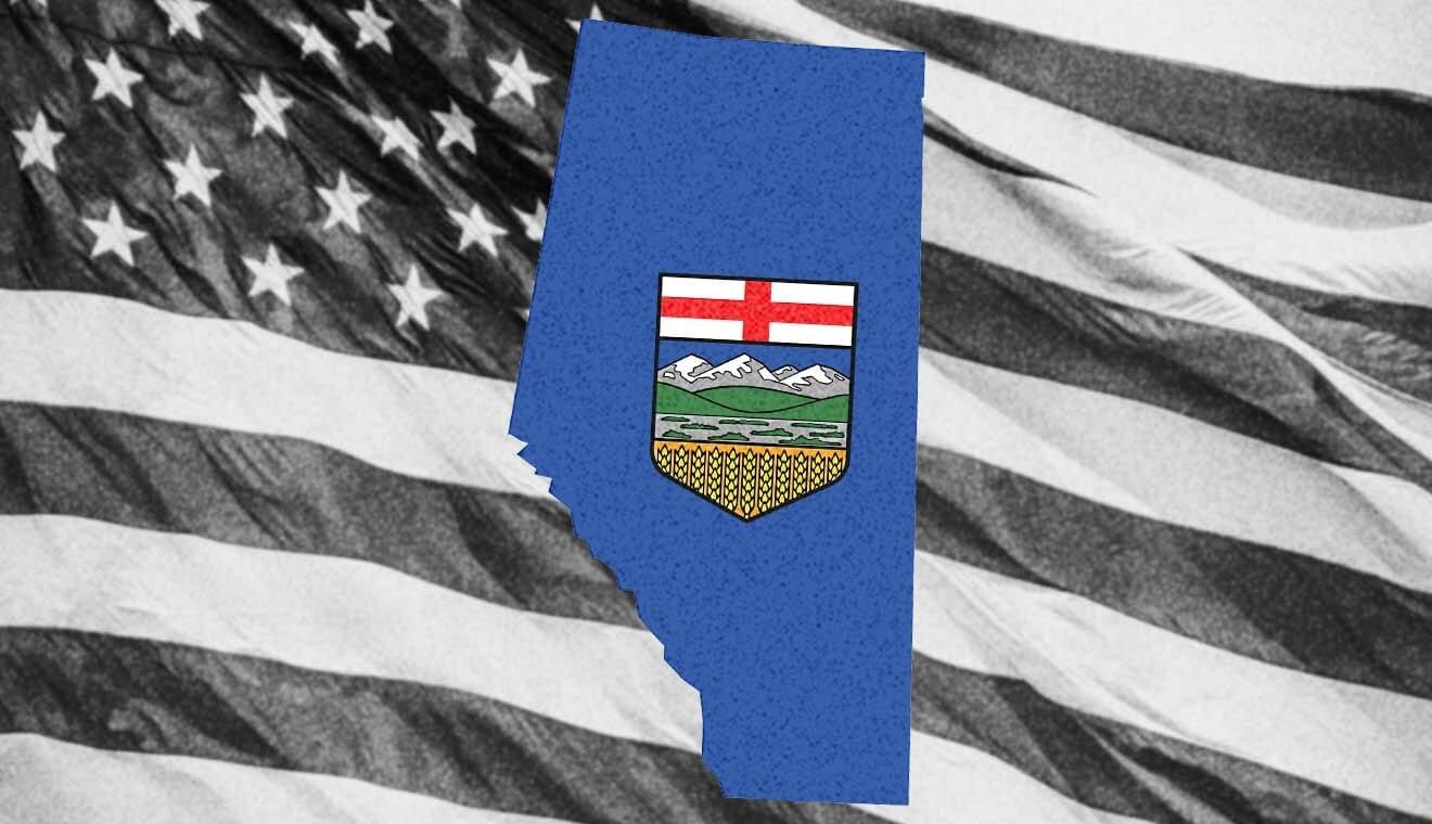 Picture shows map of Alberta in front of the USA flag.