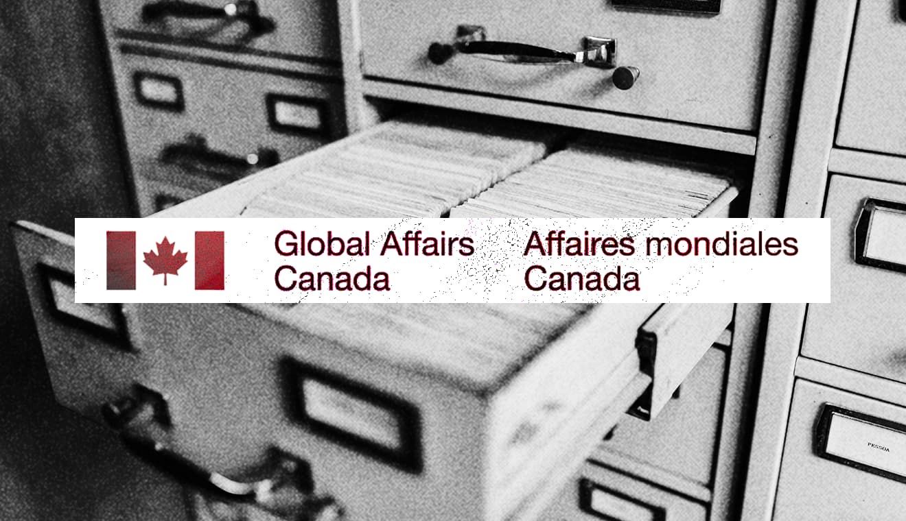 Image showing Global Affairs Canada corporate logo with background picture of a filing cabinet.
