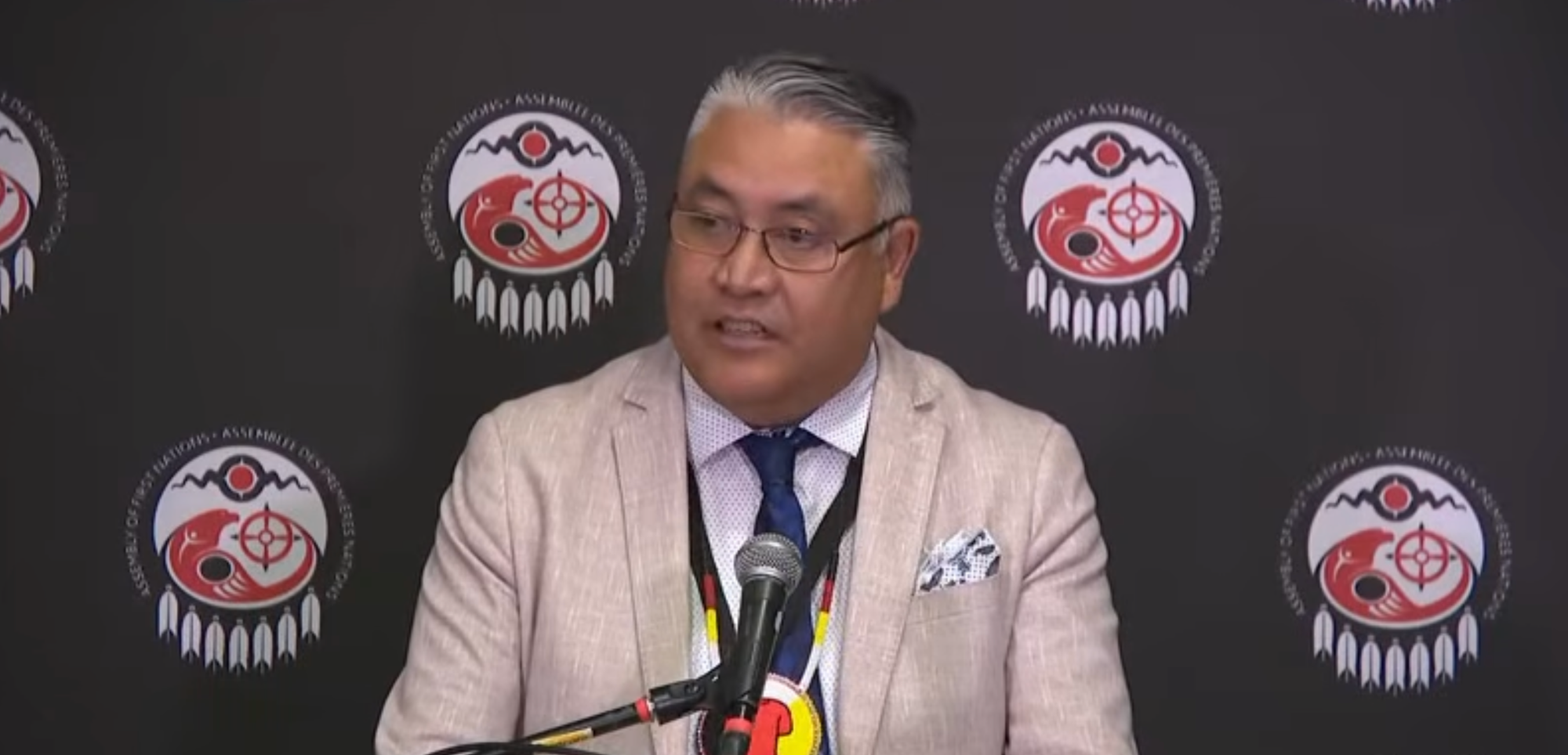 Photo shows British Columbia Assembly of First Nations regional chief Terry Teegee at a press conference.